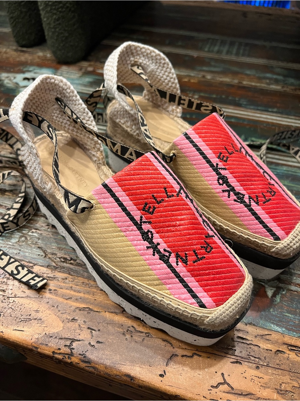 Stella McCartney Pink and Tan Striped Espadrille Platform Sandals